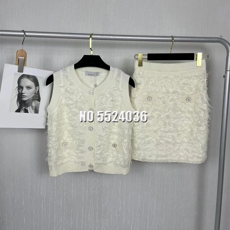 

Runway Sweet Knit 2 Piece Set Women Single Breasted Vest Top + High Waist Soild Short Cardigan & Skirt Tracks