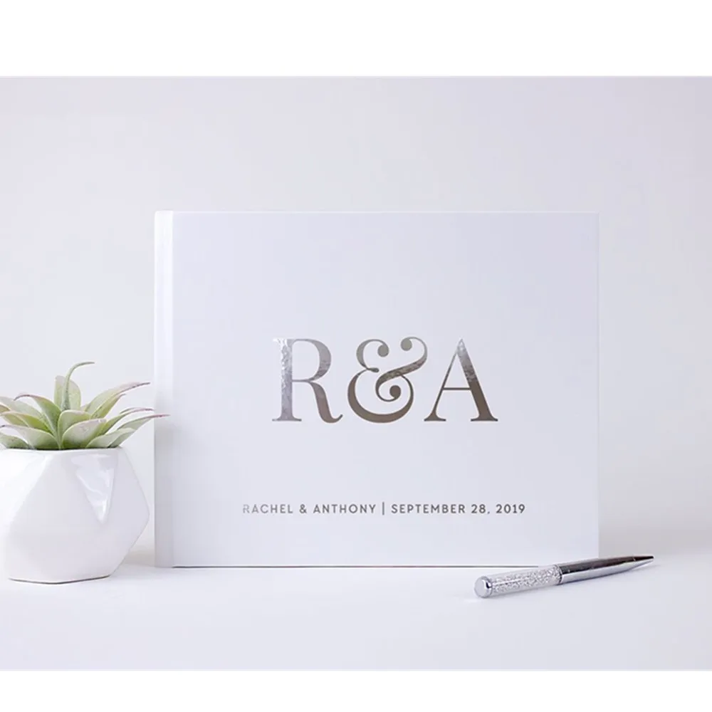 

Personalized Modern Wedding Guest Book, Silver Foil Birthday Guest book, landscape Custom White Baby shower Instant Photo Book
