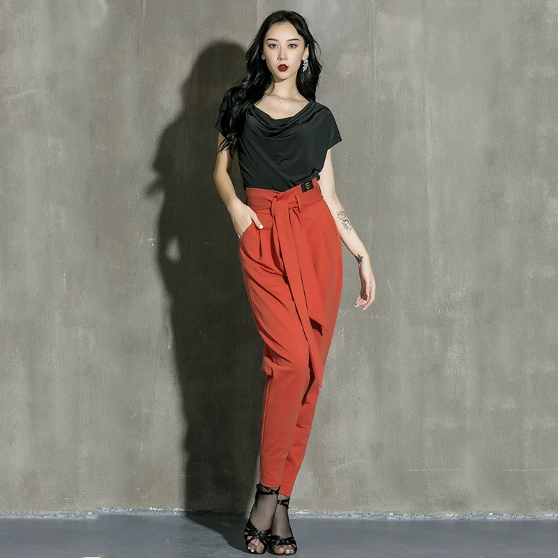 Женские топы и брюки для латиноамериканских танцев черная рубашка красные Танго