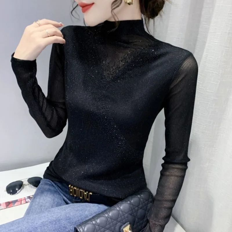 

#9056 Spring Black Purple Skinny Women's T-shirt With Diamonds Sexy Turtleneck T Shirt Femme Korean Fashion Women's Tee Shirt