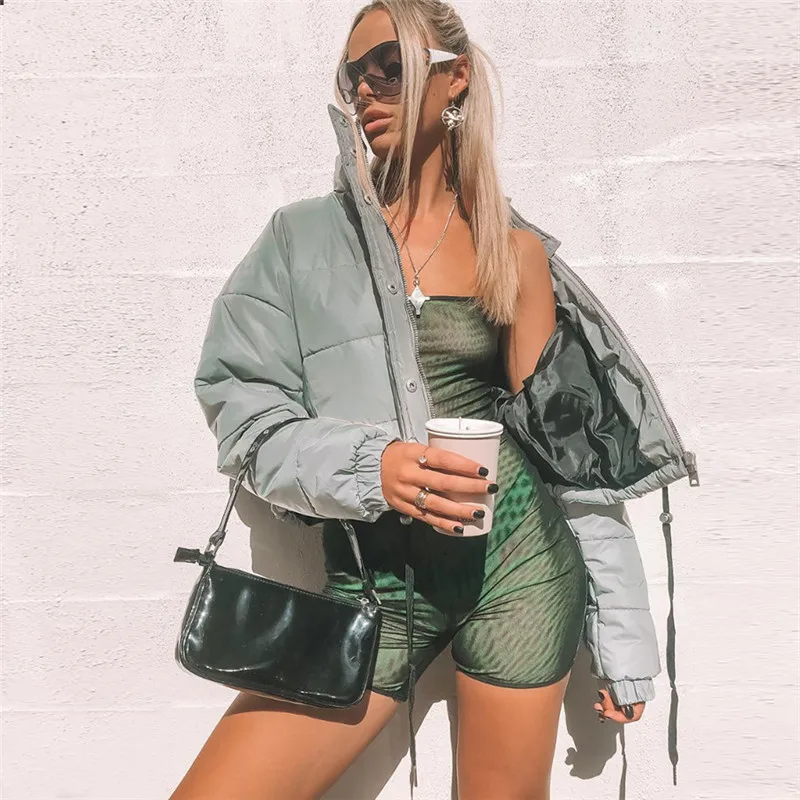 

Party Zipper Slim Streetwear Fashion Winter Reflective Short Warm Jacket Coats Outerwear Summer Turtleneck Casual Parka