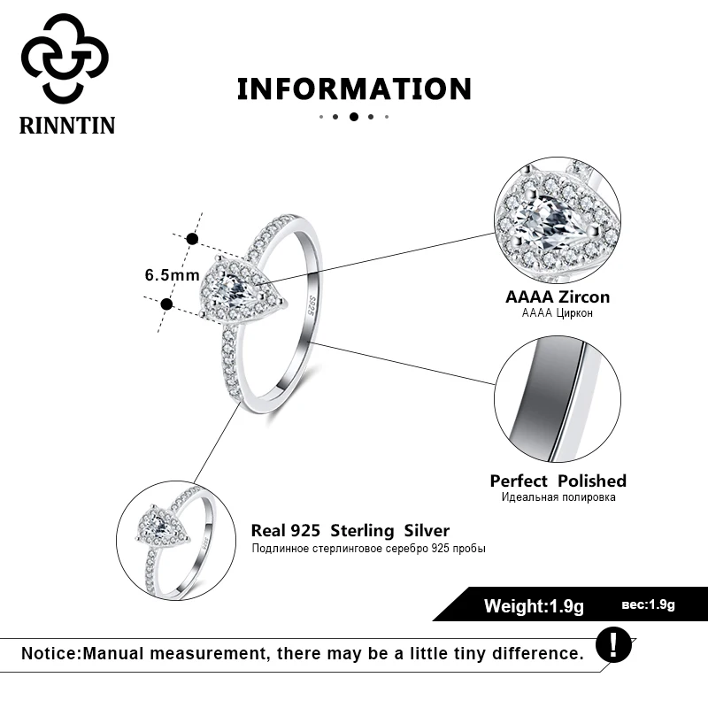 

Rinntin 925 Sterling Silver Women Rings Triangle AAAA Zircon Solitaire Finger Ring For Female Engagement Jewelry TSR229