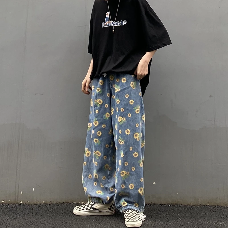 

2021 Men's Fashion Baggy Homme Cargo Pocket Jeans Flower Printing Haren Pants Blue Color Casual Pants Biker Denim Trousers