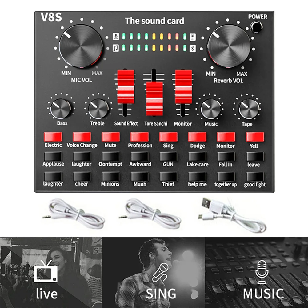 

V8S DSP Bluetooth Mixer USB Rechargeable External Aluminum Alloy Sound Card 3.5mm Interface Live Broadcast For Phone Computer