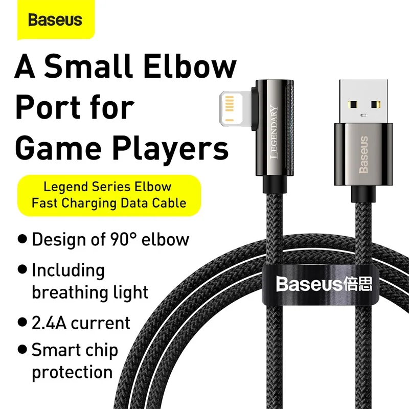 USB кабель Baseus для iPhone 12 11 Pro XS Max X XR 8 iPad 90 градусов зарядное устройство быстрой