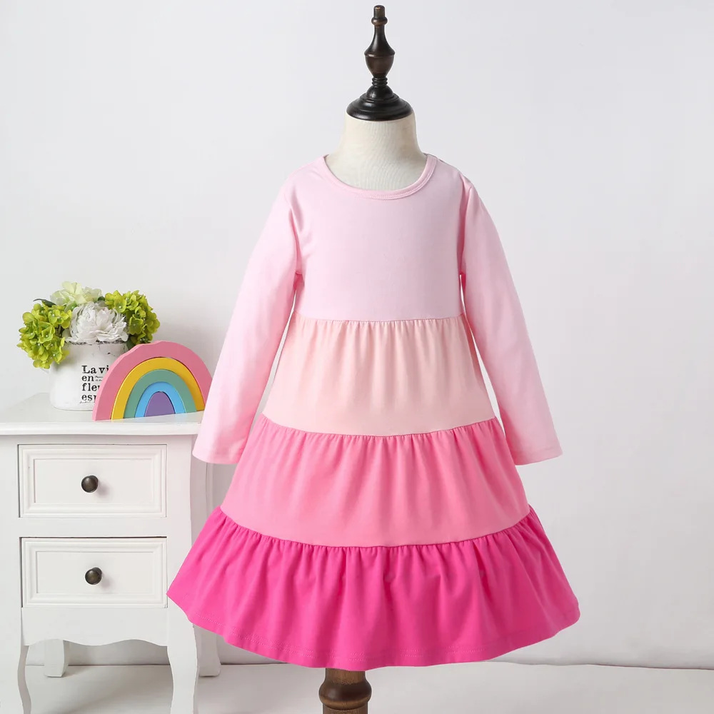 D2009-Pink Платье для маленьких девочек; Детские платья из хлопка с длинными рукавами с изображением радуги и единорога; осенне-зимняя одежда; одежда для детей - Цвет: D2009-Pink