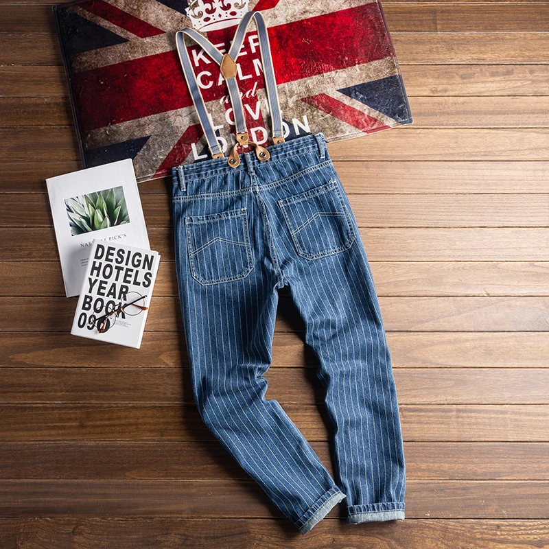 Японский ретро джинсовый комбинезон мужская мода полосатый нагрудник подтяжки