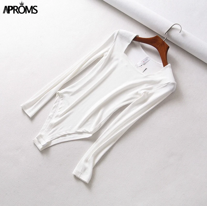 Aproms белый квадрат шеи трикотажные боди Для женщин пикантные Ribbed Long Sleeve Slim Fit боди уличная комбинезон для Для женщин топ - Цвет: Белый