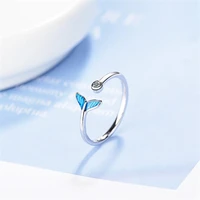 new creative beautiful sweet blue fishtail 925 sterling silver jewelry fashion fish crystal personality opening rings r070