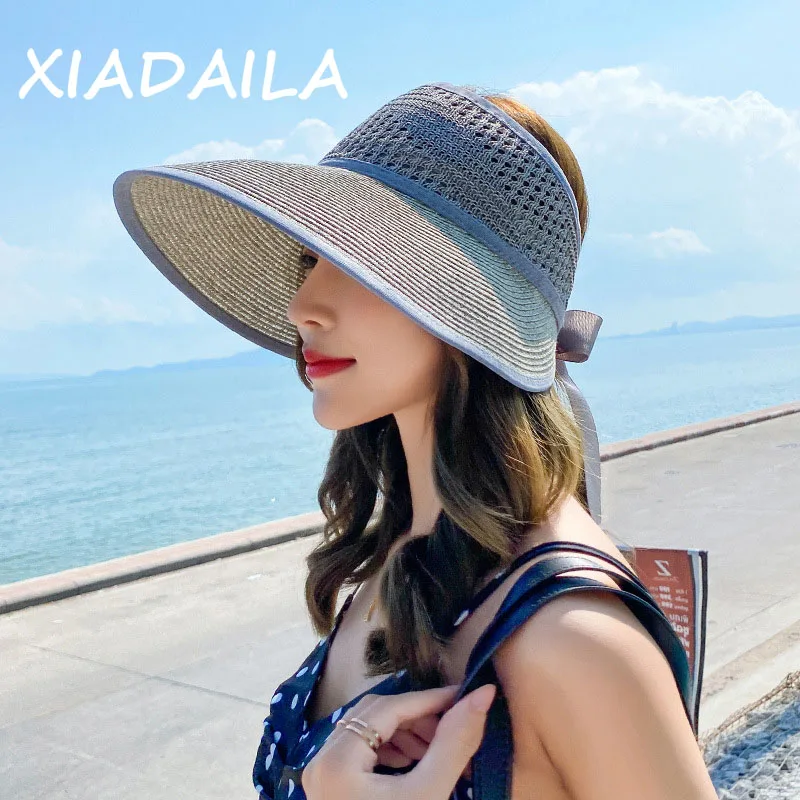 

2021 foldable Summer New Women's Sun Hat Bucket cap beige lace Bowknot Flowers Ribbon Flat top Panama soft Straw Hat Beach Caps