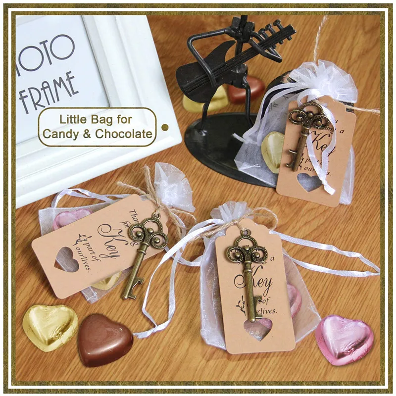 50 комплектов Свадебные сувениры ключ открывалка для винных бутылок органза