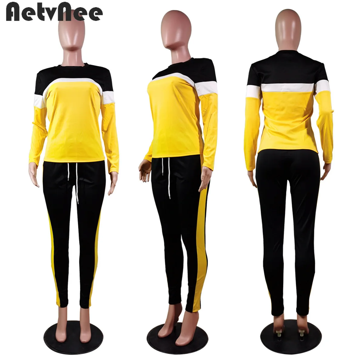 

2021 Fall Patchwork 2 Two Piece Set Women Full Sleeve Sweatshirts Tops Pockets Drawstring Sweatpants Sets Sporty Street Outfits