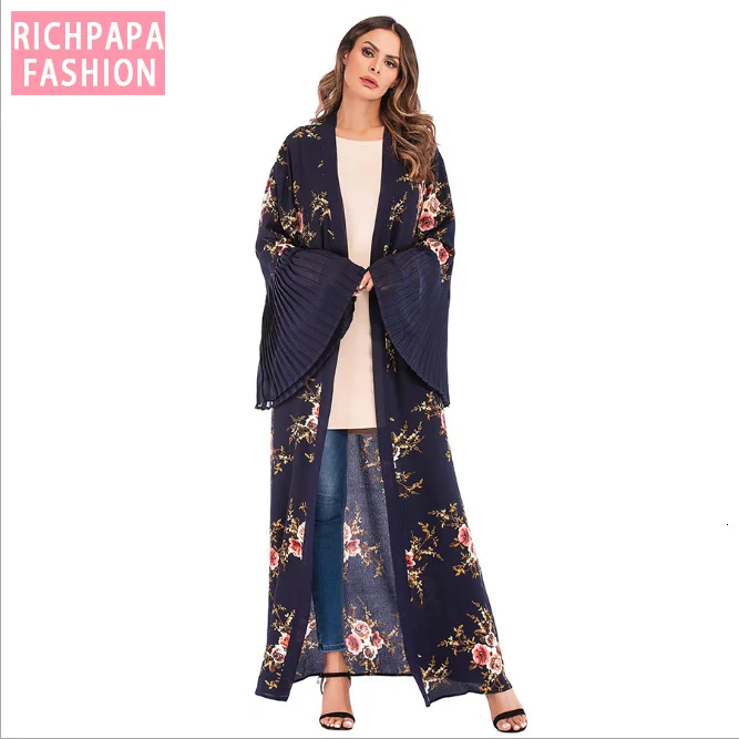 Макси Платье с расклешенным рукавом принт в мусульманском стиле кардиган