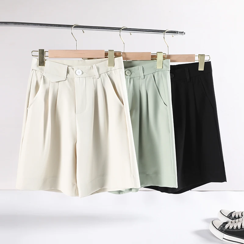 

QOERLIN with Belted Bermuda Women Summer 2021 New High Waist Office Shorts Pocket Chic Solid OL Black Shorts Female Plus Size