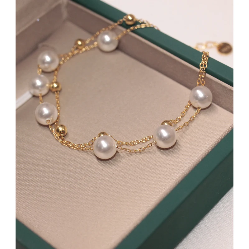 

18K Solid Yellow Gold Jewelry(AU750) Women Double Pearl Bracelet Cross Chain Natural Pearl Small Gold Bead Bracelet Fashion Lady