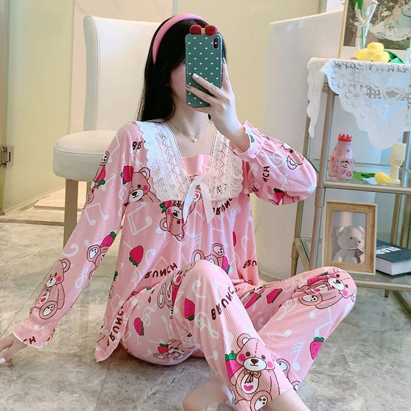 Women's Pajamas Sets Thin Long-sleeved Milk Silk 2021 Spring and Autumn Suit Home Service Sleepwear Clothes pijama feminino