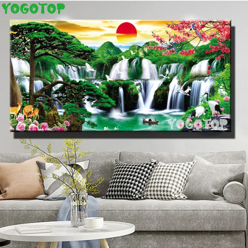 

Welcome tree waterfall large diamond painting full square round diamond embroidery diamond mosaic china famous wall art YY5516