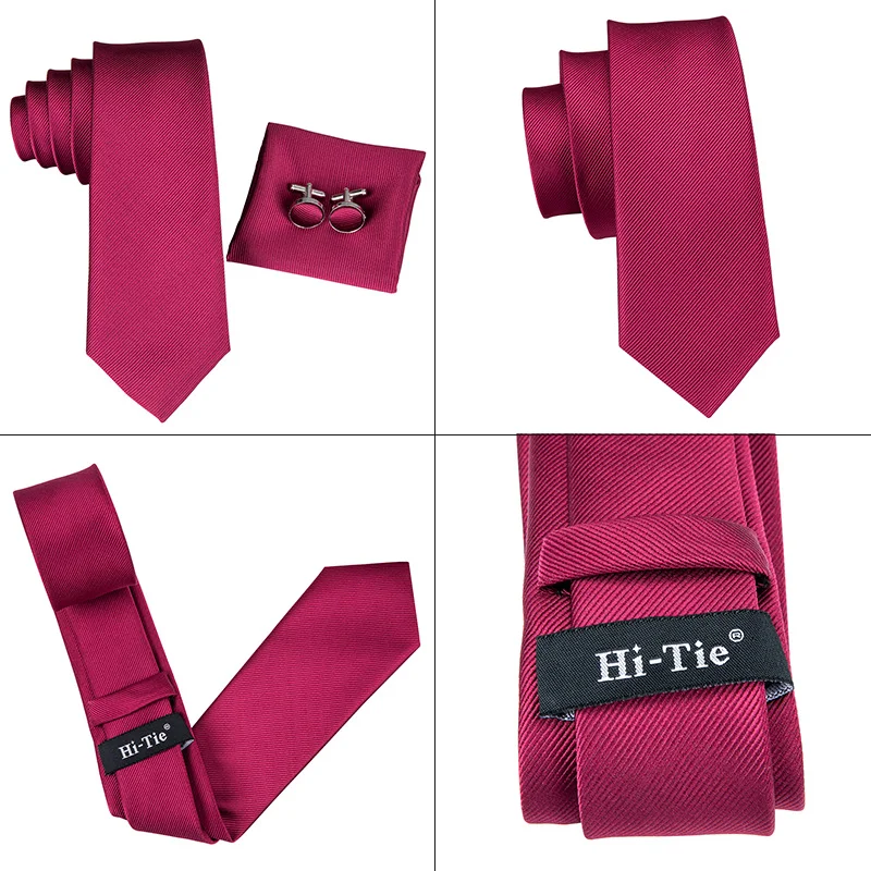Hi-Tie 6 см тонкий галстук сплошной Шелковый тканый красный синий простой цвет галстук носовой платок запонки набор мужские вечерние свадебные Узкий Тонкий галстук на шею