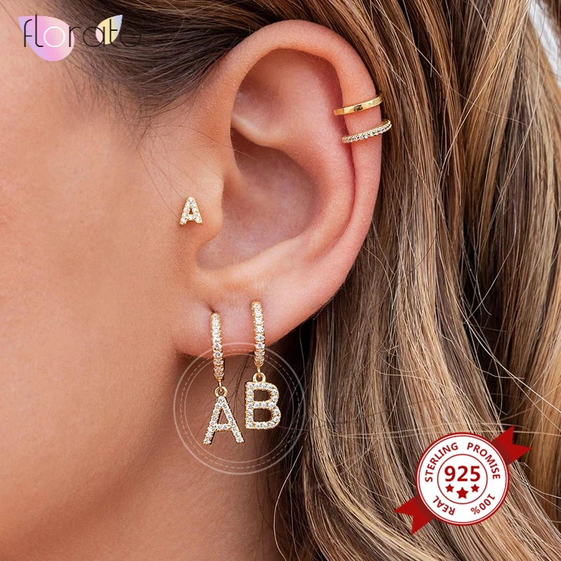 1 Pair 925 Sterling Silver Ear Buckle Initial A-Z Letter Earrings Crystal Small Hoop Earrings For Women Alphabet Fashion Jewelry pair of graceful rhinestoned hoop earrings for women