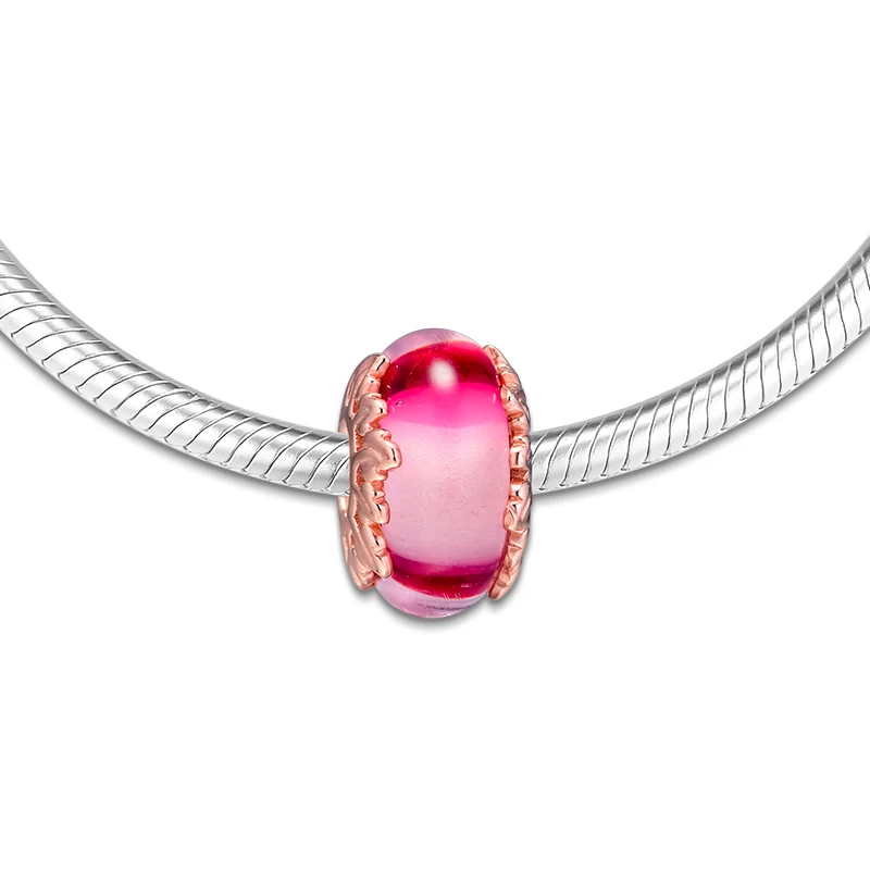 Подходит для Pandora Подвески Браслеты из розового муранского стекла и листьев 100% 925