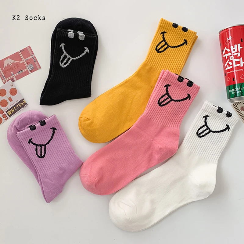 

New Funny Smiley Sockiings Cotton Kawaii Japanese Girls Yellow Expression Harajuku Happy Fashion Soft Casual Men and Women Socks