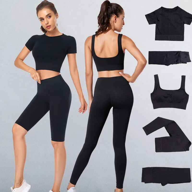 

2/3Pcs Yoga Set Seamless Women Sports Suit 2021 Threaded Fitness Shorts Long Sleeve Casual Crop Top Workout Clothes Sportswear