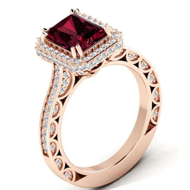 

Popular Rose Gold Color Inlaid Red Crystal Cubic Zircon Rhinestone Female Ring for Women Party Jewelry Accessories
