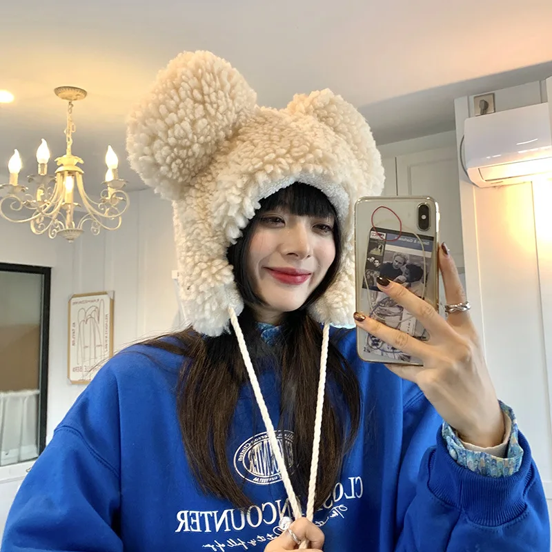 Autumn Winter women hat Cotton Lamb Wool Warm Protect Ears Embroidery Lei Feng Cap Solid Color Lovely Bear With Ear Hat For New