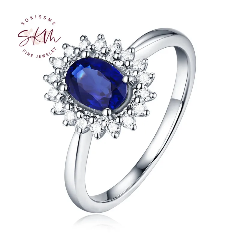 

SKM Oval Sapphire Engagement Ring Rings for women Solid 14K 18K White Gold Halo set diamonds Cluster Flower Rings Jewelry