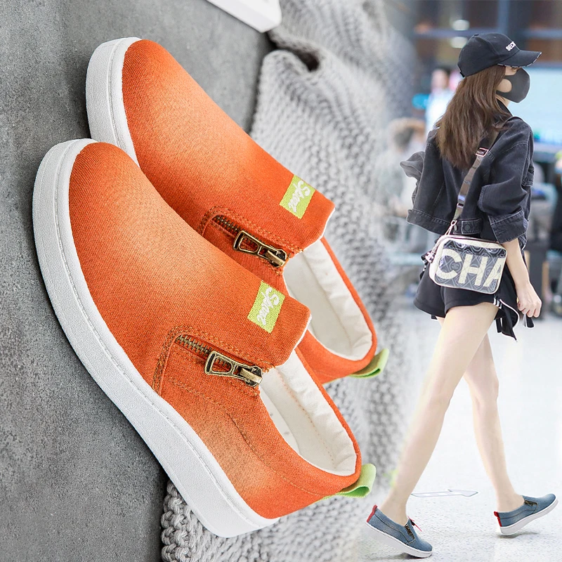 

New Women Canvas Shoes Slip On Flat Vulcanized Shoes Spring Casual Female Denim Fashionable Sneakers Breathable Zipper Footwears