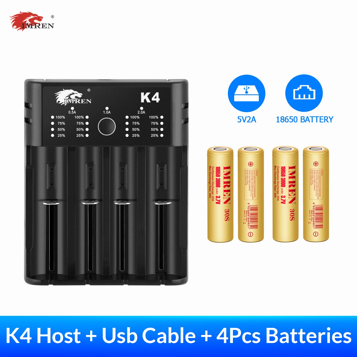 

IMREN K4 Rechargeable Batteries 5V2A USB Charger AA AAA 18650 26650 21700 17350 18350 14500 16500 + 4Pcs 18650 3000mAh Batteries