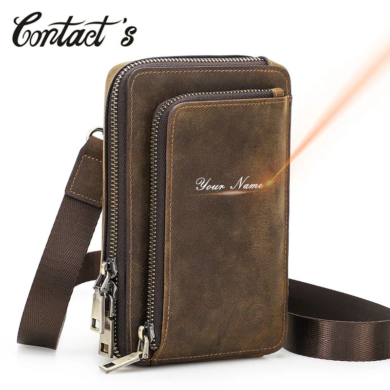 

Contact's Crazy Horse Leather Shoulder Bag Small Phone Pouch Bags Waist Pack Multifunction Crossbody Bag For Men Casual Handbags