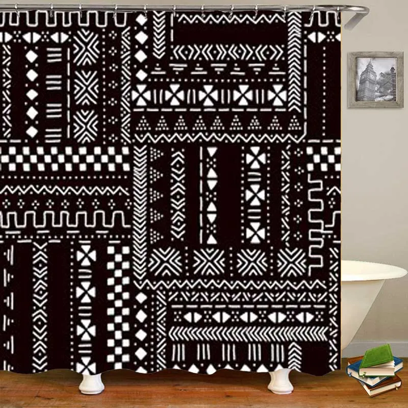

Stylish Black White Traditional African Mudcloth Shower Curtain Tribal Geometric Bathroom Curtains Waterproof Polyester 180cm