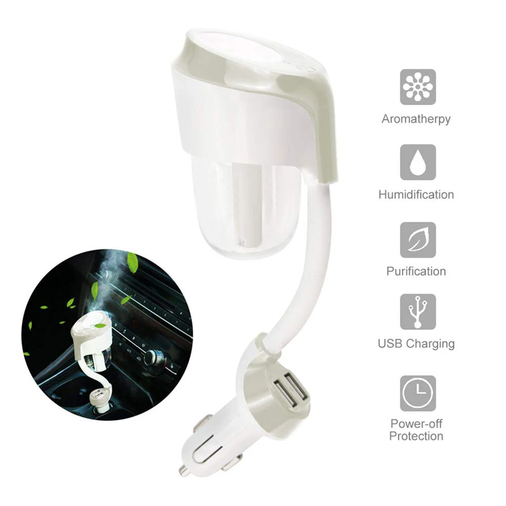 

360 Degree Rotation Car Humidifier Diffuser Cool Mist Portable Car Air Purifier with 2 USB Charger