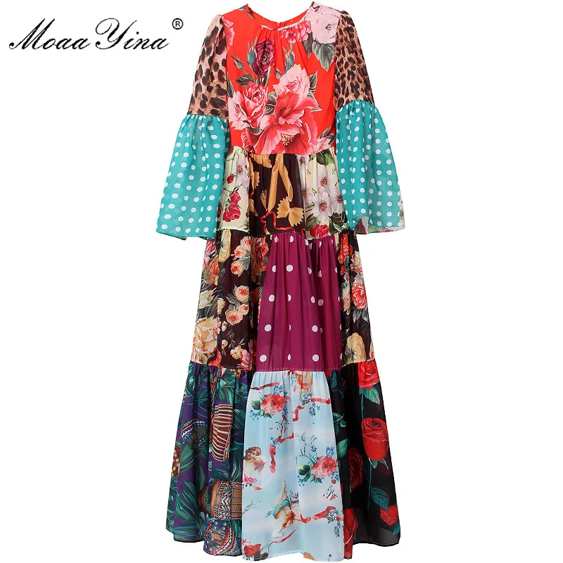 

MoaaYina Fashion Designer dress Summer Women's Dress Long sleeve Floral Print Chiffon Bohemia Vacation Dresses
