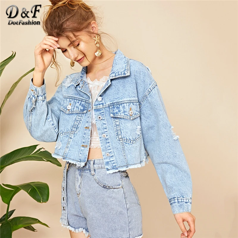 Dotfashion синяя короткая джинсовая куртка с рваными потрепанными краями и хлопьями для женщин Осенняя Повседневная однобортная одежда осеннее однотонное пальто