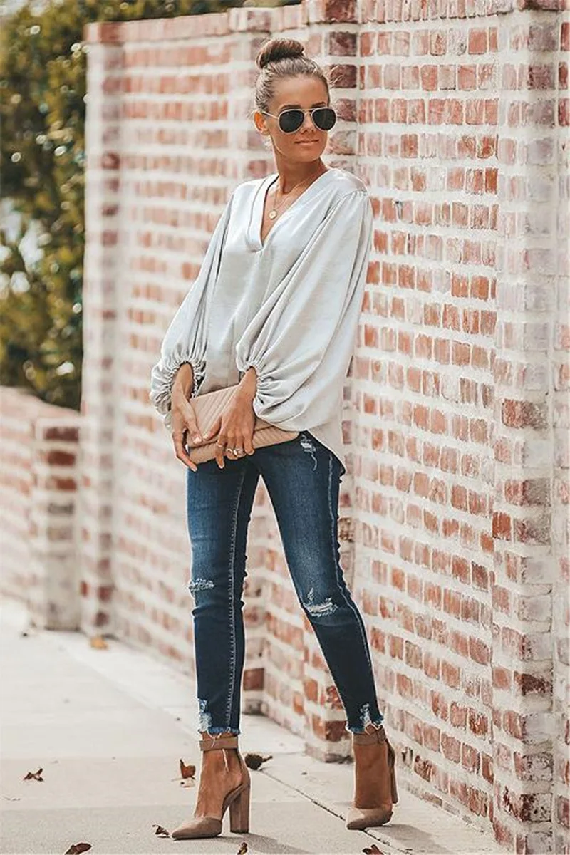 

Women's Casual Tops and Blouses Autumn 2020 White Chiffon Blouses V Neck Lantern Sleeve Loose Jumper Top Pullover Shirt Women