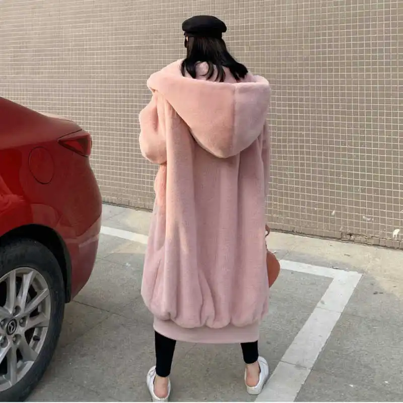 Wenfly Women Korean Hoodies X-Long Faux Fur Coat Oversized Loose Thicken Elegant Rabbit Mink Winter Female Warm Outerwear