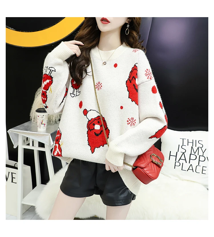 Женский Рождественский свитер H.SA красный свободный с рисунком снежного человека