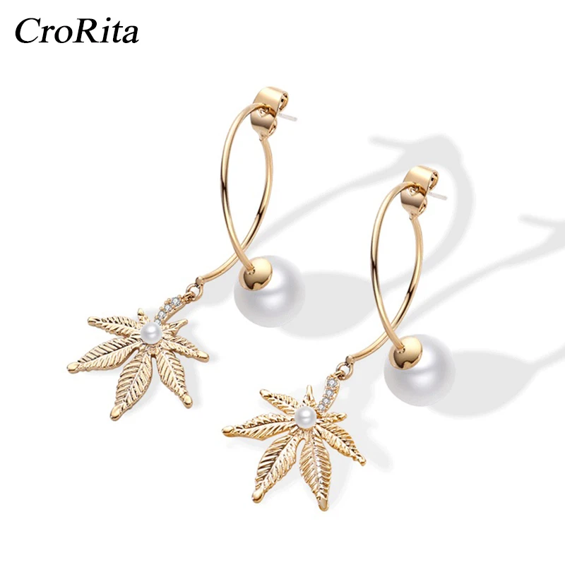 Женские серьги подвески CroRita летние в виде листьев с гипоаллергенным жемчугом