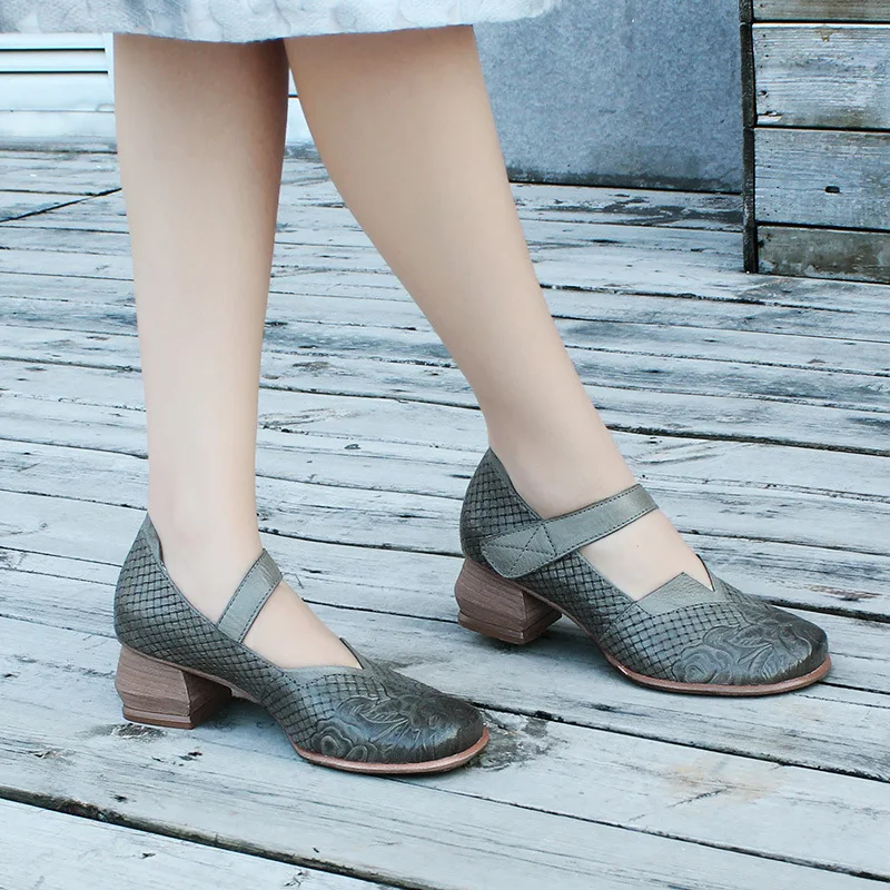 

2020 spring casual women shoes middle heel handmade pumps breathable square toe mary jane shoes