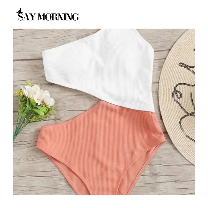 

SAY MORNING 2021 New Women's One Shoulder Color stitching Sexy Bikini Waist high-Swimwear Summer Beach Bikini