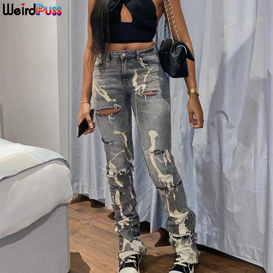 

Weird Puss Cotton Hole Jeans Trend Y2K Woman Pants Chic Print Stacked Indie Denim Skinny Elastic Slim Casual Streetwear Trousers