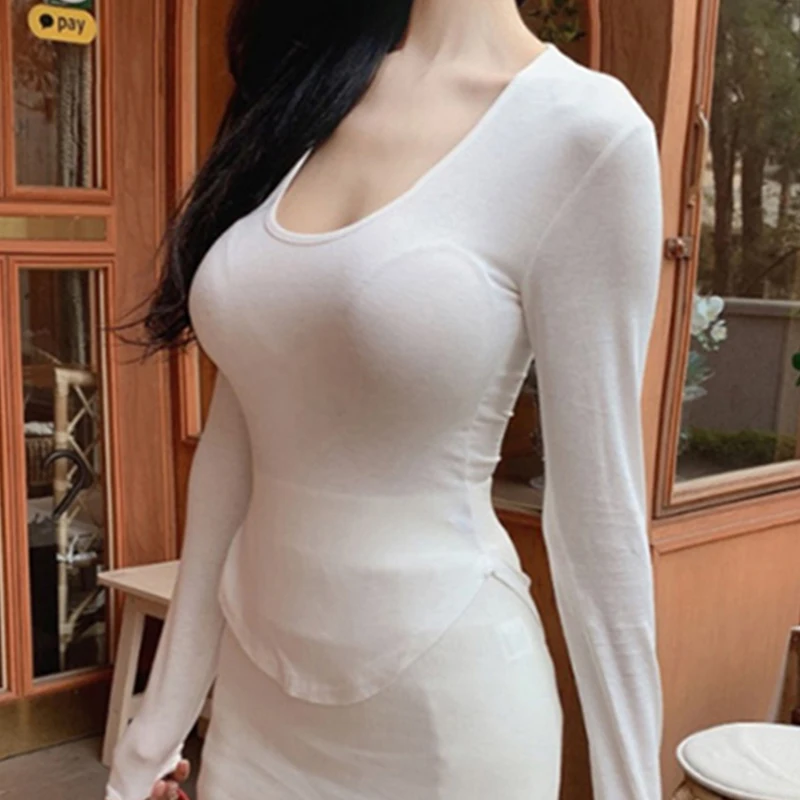 Korean Spring T-Shirts Women O-Neck Long Sleeve Casual Shirts Tops Skinny Slim Sexy Cotton Streetwear Split Basic Top Z799 | Женская