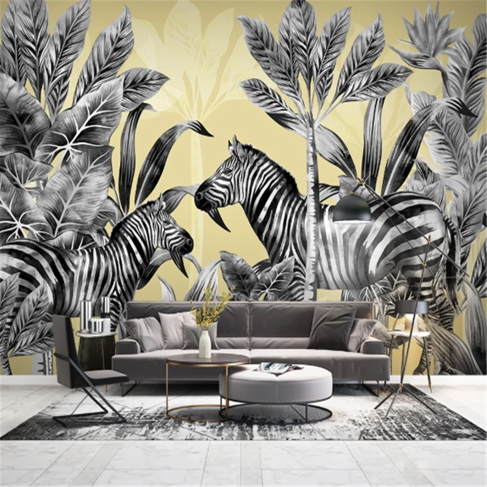 

Milofi customized 3d hand-painted Nordic tropical plant zebra landscape light luxury background wall mural