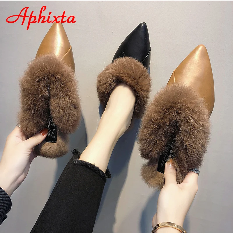 Aphixta/женские шлепанцы с острым носком; Коллекция года; обувь без задника с натуральным животным мехом; обувь с пряжкой; тапочки с натуральным мехом; женская обувь на меху