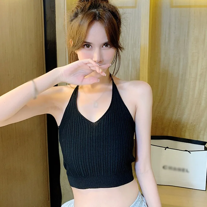 

Female Knitting Sling Tops Simple Temperament Women Summer Slim Short Top With Suspender Vest