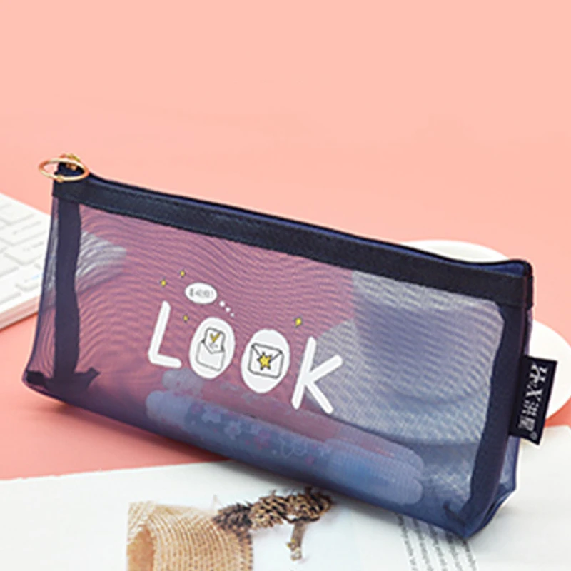 

Korean Stationery School Supplies Kawaii Transparent Pencil Pouch Cute Girl Creative Triangular Mesh High Capacity Organizer