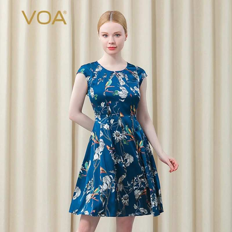 

VOA Silk Elastic Twill Printed Round Neck Short Sleeve Waist Slim Shiny Beautiful Mature Woman Long Dress AT026