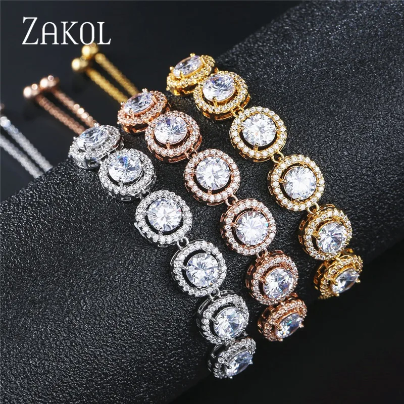 ZAKOL Модный Круглый Кубический цирконий Регулируемая цепочка браслет с